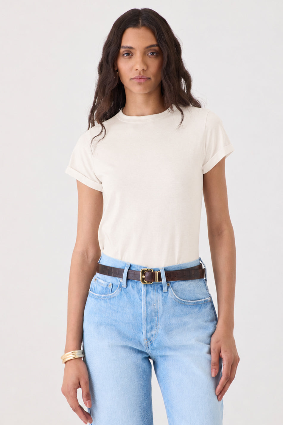 T-shirt Gola Redonda Manga Barra Dobrada – Natural