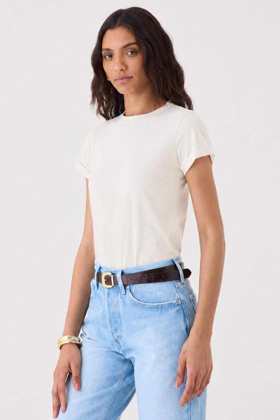 T-shirt Gola Redonda Manga Barra Dobrada – Natural